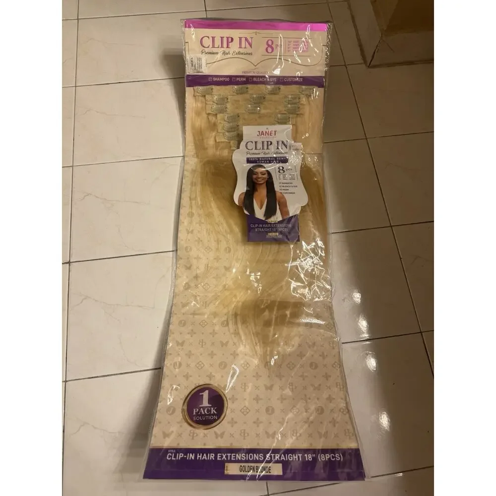 Janet Collection 100% Human Hair Clip-In Extensions 18” 8PC Golden Blonde New